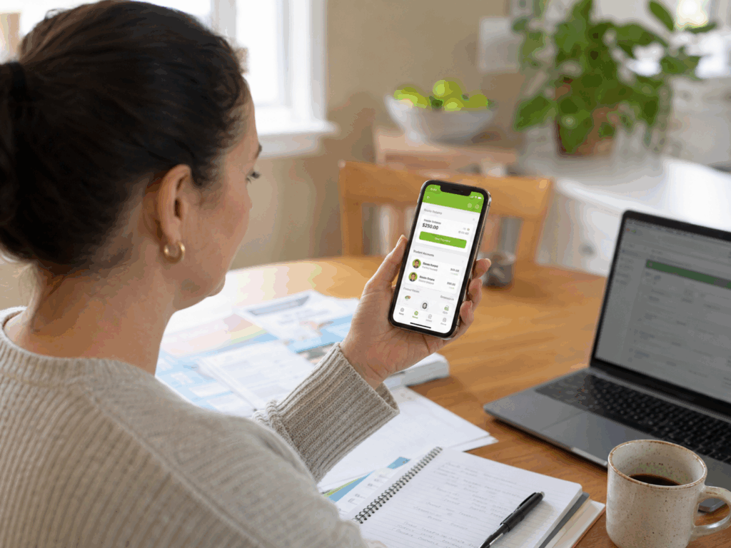 Woman sitting using EduTrak on a phone